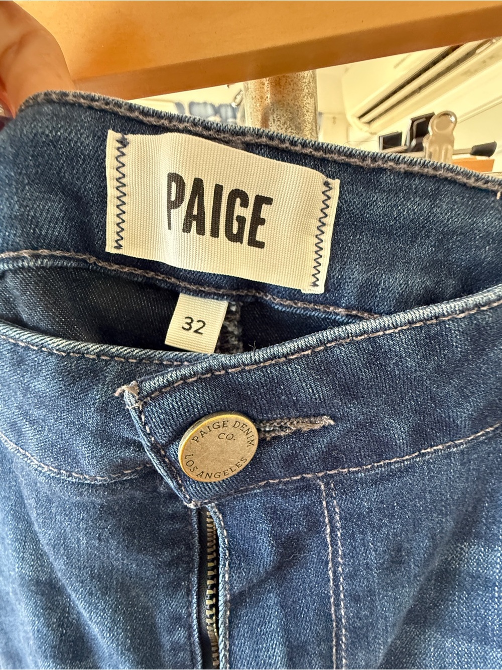 PAIGE Dark Blue Denim Jeans with Branded Button